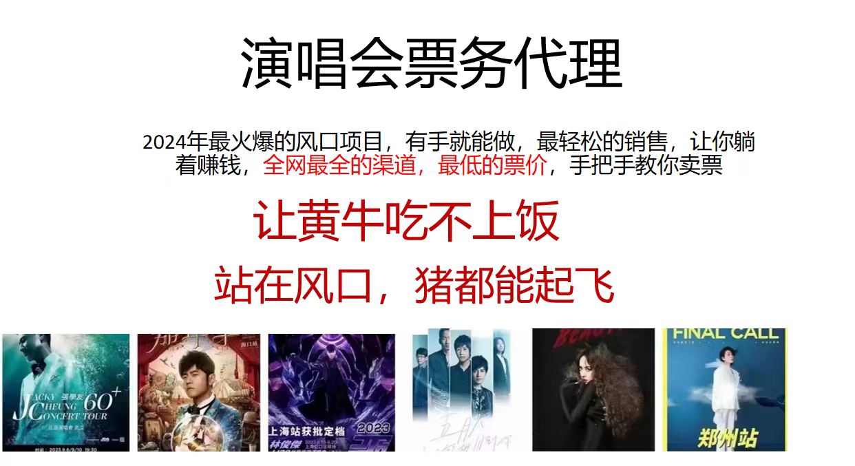 演唱会票务代理，2024年最火爆风口项目，全网最低的票价，小白一分钟上…-战狼项目网